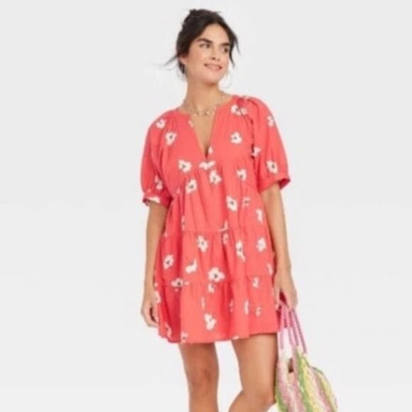 Universal Thread Mini Dress Women Small Pink Coral Floral Puff Sleeve Tiered - Picture 1 of 9